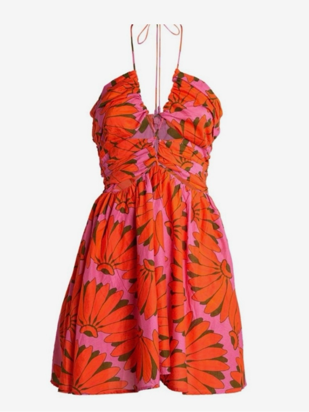Farm Rio Copacabana Bright Pink & Orange Floral Halter Sundress